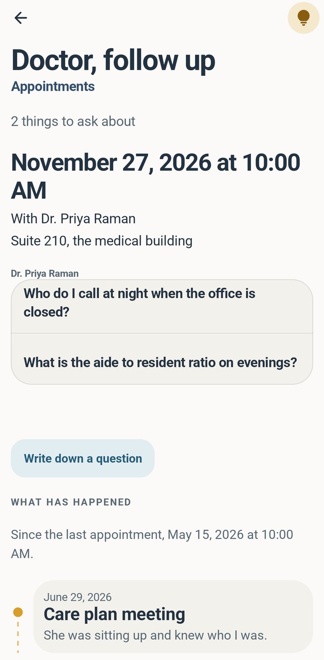 Health Trail screen. Questions you save wait on the appointment they belong to. The names are made-up examples.