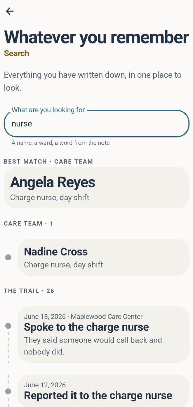 Health Trail screen. Search finds it by the one word you remember. The names are made-up examples.