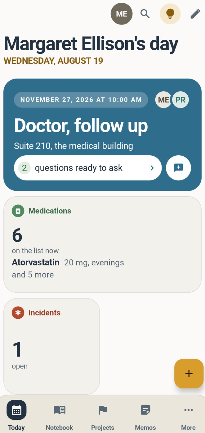 Health Trail screen. Today shows what&rsquo;s coming, what&rsquo;s still open and what&rsquo;s waiting to be filed. The names are made-up examples.